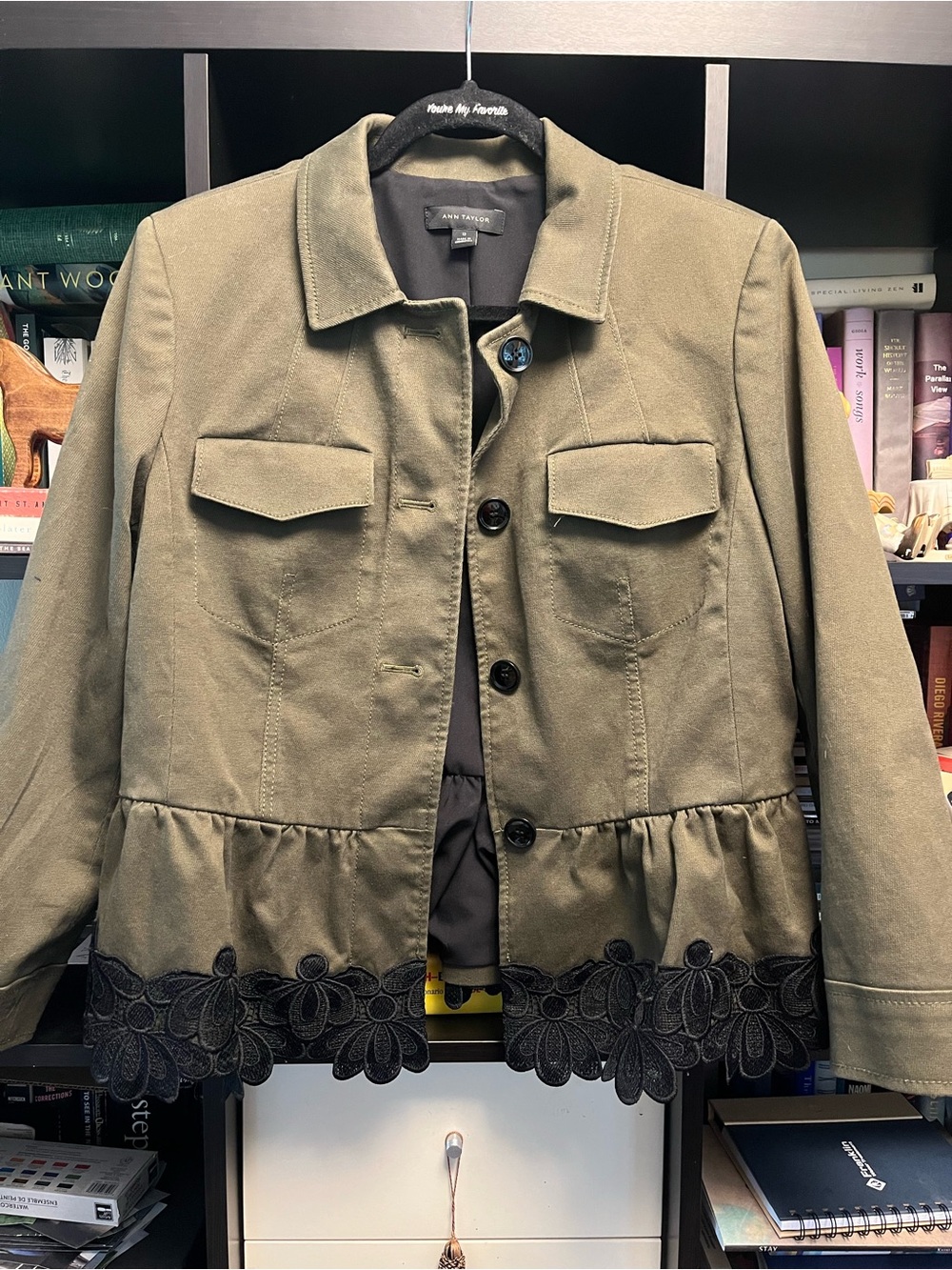 Ann Taylor Olive Green Utility Jacket with Black Lace Hem